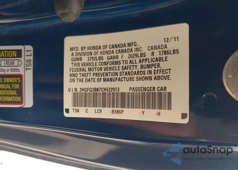 2012 Honda Civic Ex z USA, uszkodzony, nr VIN 2HGFG3B87CH522913